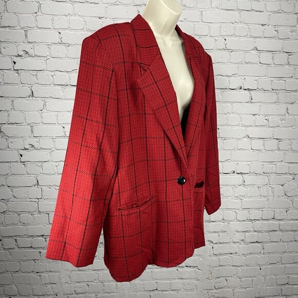 VTG Samantha USA Red Check One Button Lightweight Blazer Pockets Size 14 - Picture 6 of 10
